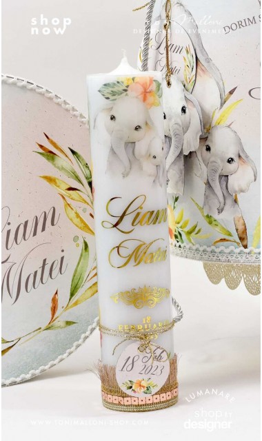Lumanare de botez scurta personalizata cu elefant si foita folio auriu Elefantelul 1